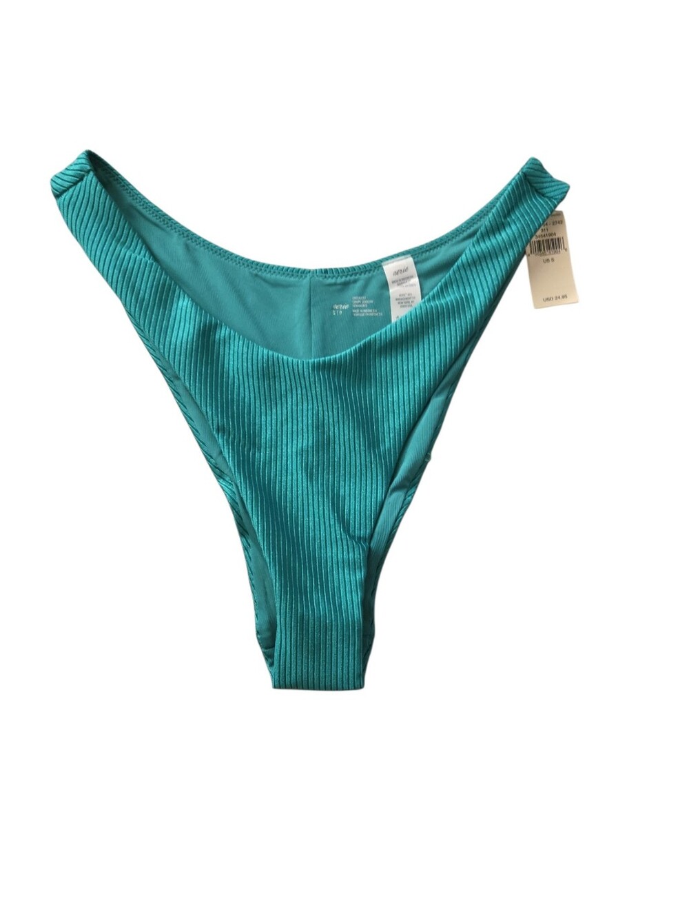 NWT Aerie Swim High Cut Ribbed Bikini Bottom Low Rise Emerald Green Small